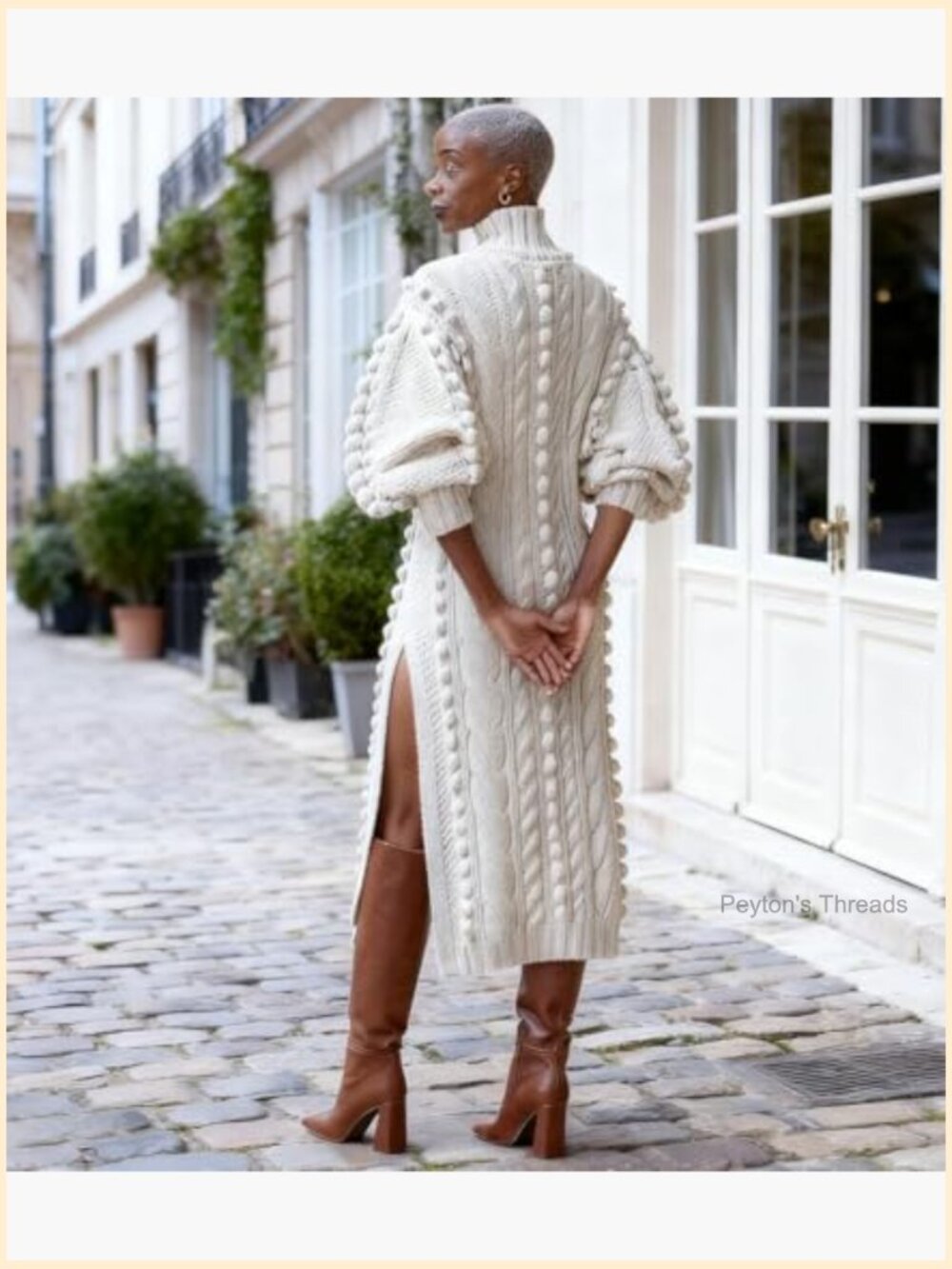 Textured Knit Puff Sleeve High Neck High Split Maxi Sweater Dress - Picture 3 of 7
